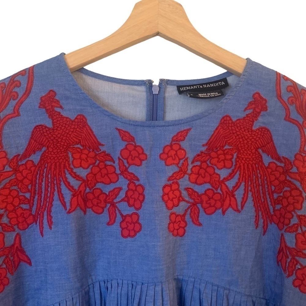 Anthropologie Liana Shirt Blue Red Size Small Balloon Sleeve Boho Embroidered - Picture 6 of 11